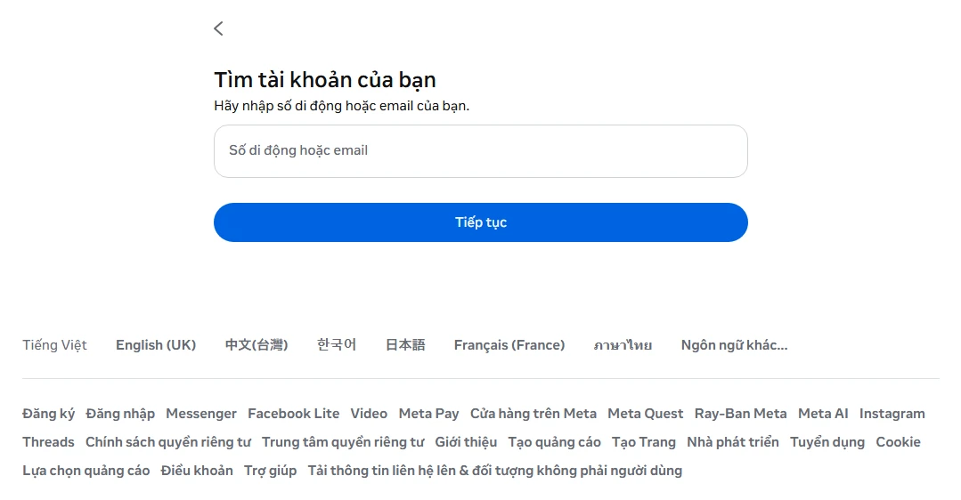 Lấy lại Facebook mất số điện thoại - màn hình Tìm tài khoản của bạn