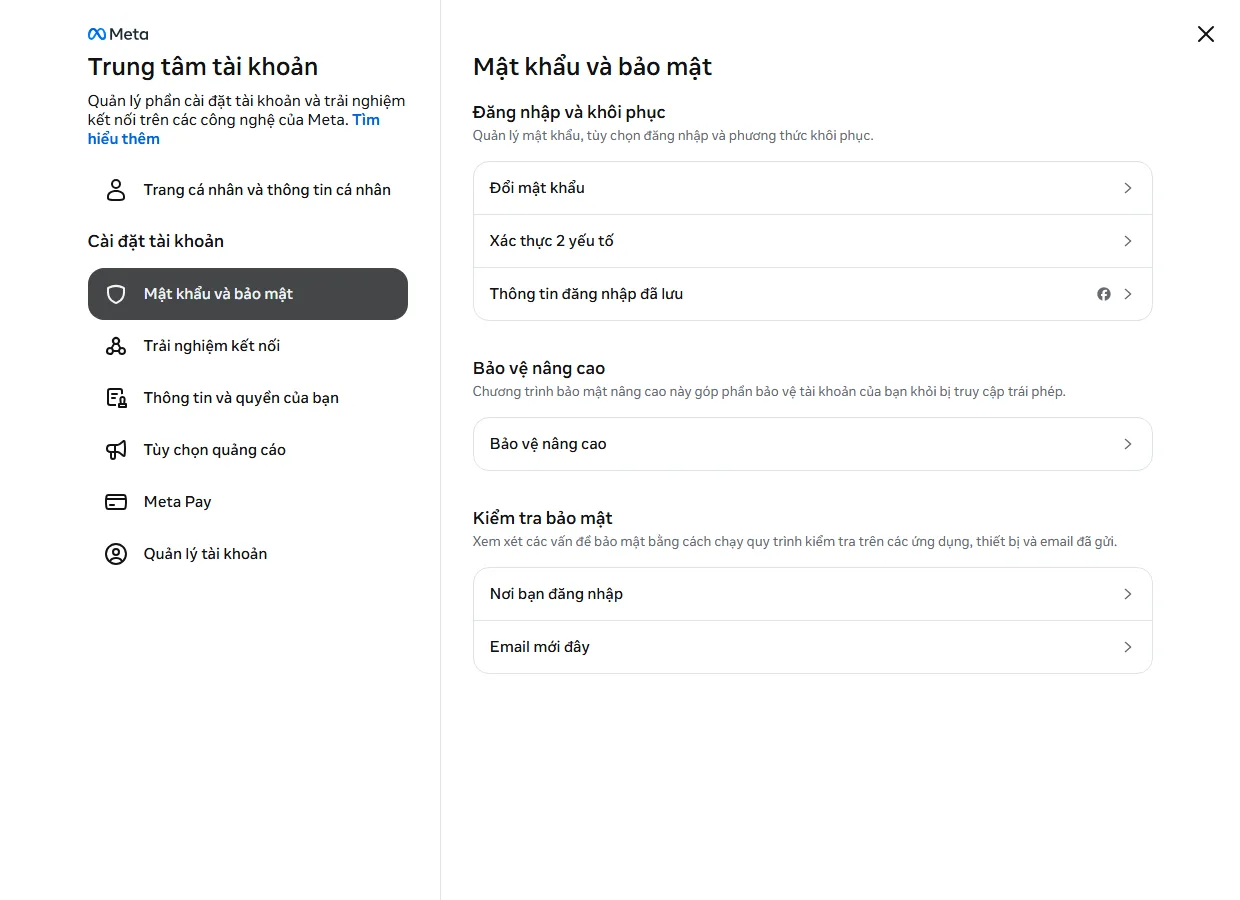 Đổi mật khẩu Instagram - Trung tâm tài khoản, mục Mật khẩu và bảo mật