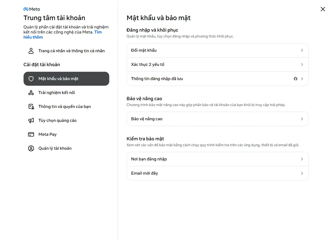 Đổi mật khẩu Instagram - mục Mật khẩu và bảo mật trong Trung tâm tài khoản