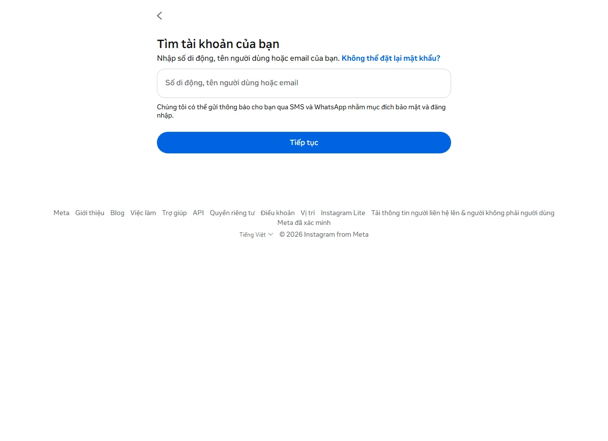 Quên mật khẩu Instagram - trang Tìm tài khoản của bạn trên instagram.com