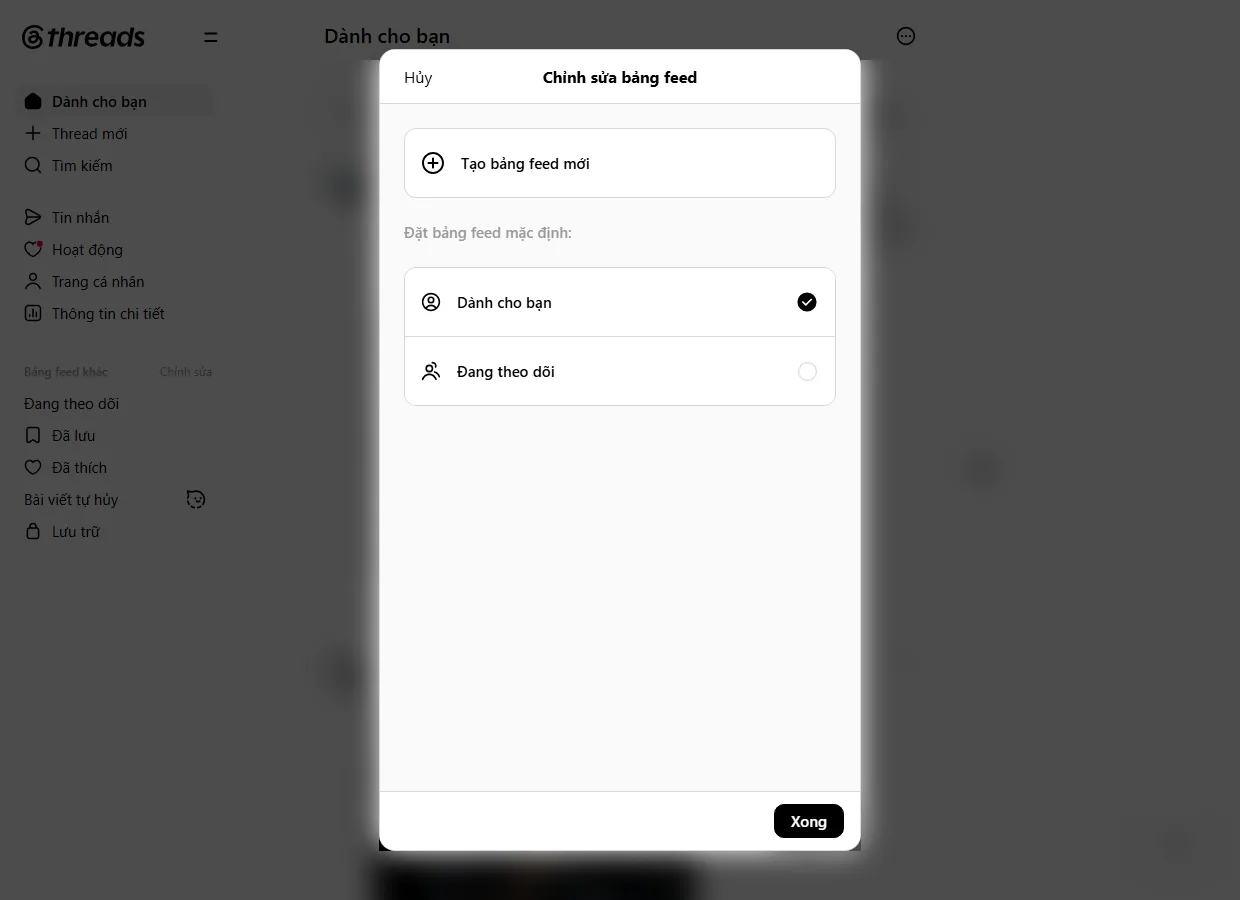 Custom Feed Threads - hộp Chỉnh sửa bảng feed và đặt bảng feed mặc định