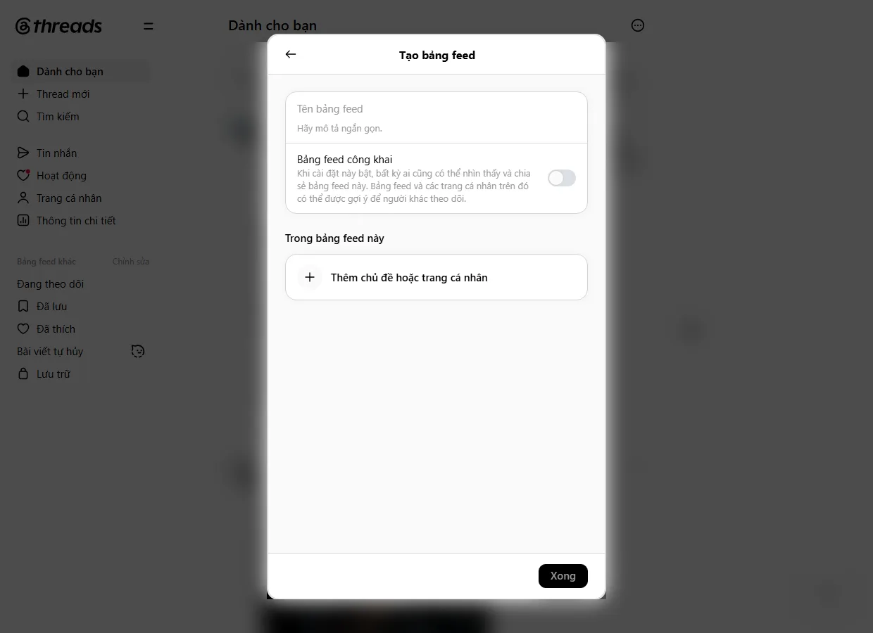 Custom Feed Threads - màn Tạo bảng feed trên threads.com