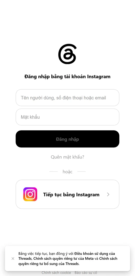 Không đăng nhập được Threads - màn đăng nhập bằng tài khoản Instagram