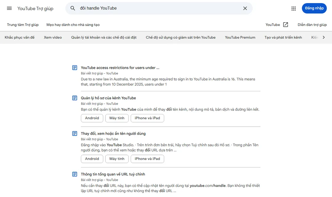 Đổi handle YouTube: cách đổi @username của kênh (2026) - Trung tâm trợ giúp YouTube