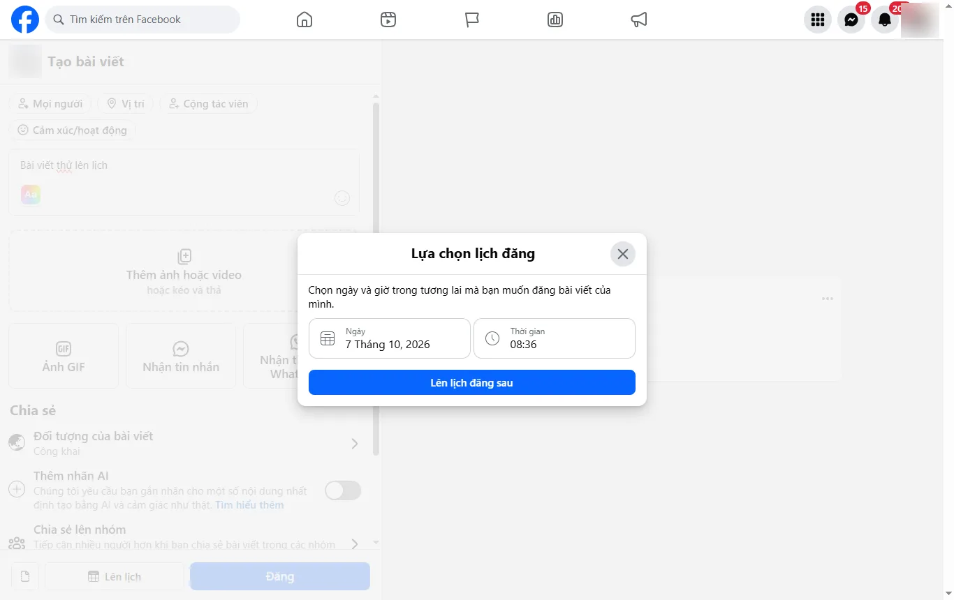 Hộp Lựa chọn lịch đăng trên Facebook với ô Ngày, Thời gian và nút Lên lịch đăng sau