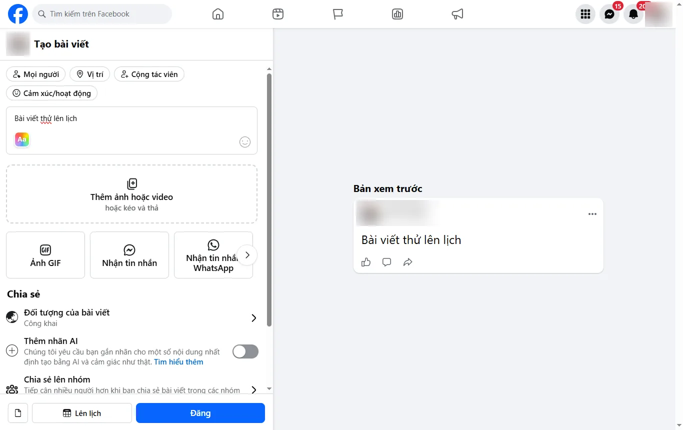 Lên lịch đăng bài Facebook trên Trang: trang Tạo bài viết có nút Lên lịch cạnh nút Đăng